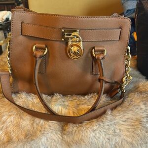 Michael Kors Brown and Gold Structured Satchel with Detachable Strap